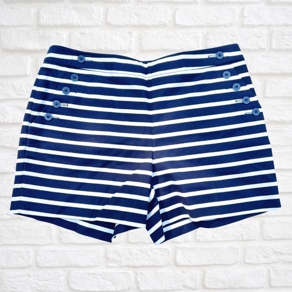 Navy and White Striped High Waist Shorts - Picture 1 of 2